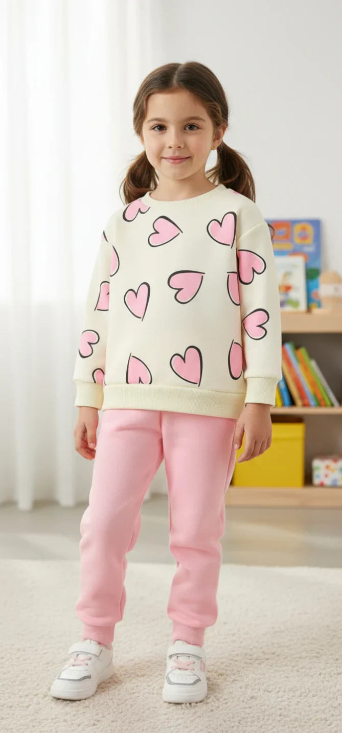 Off White with Pink Hearts Little Trendsetter Stylish Kids Winter Tracksuit (OM-626)